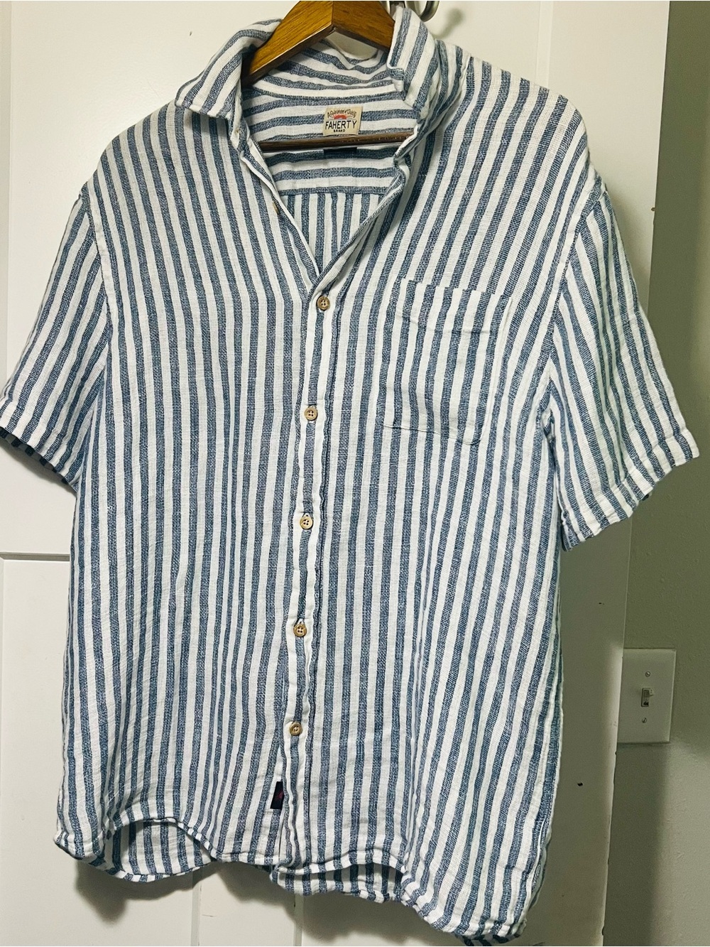 Faherty Button Front Short Sleeve Palma Linen Shirt Horizon Ivory Stripe Mens - Picture 4 of 8